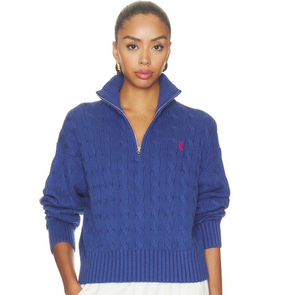 Ralph Lauren Sport Blue Cable Knit Full Zip Hoodie Sweater Red Pony Small